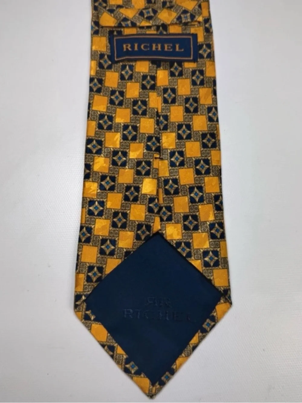 Vintage Richel 100% Silk Geometric Necktie Gold Navy Gray Made in USA Classic Ti